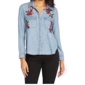 Standard Grace Blue High-low Chambray Denim Shirt with  Floral/Bird Design
